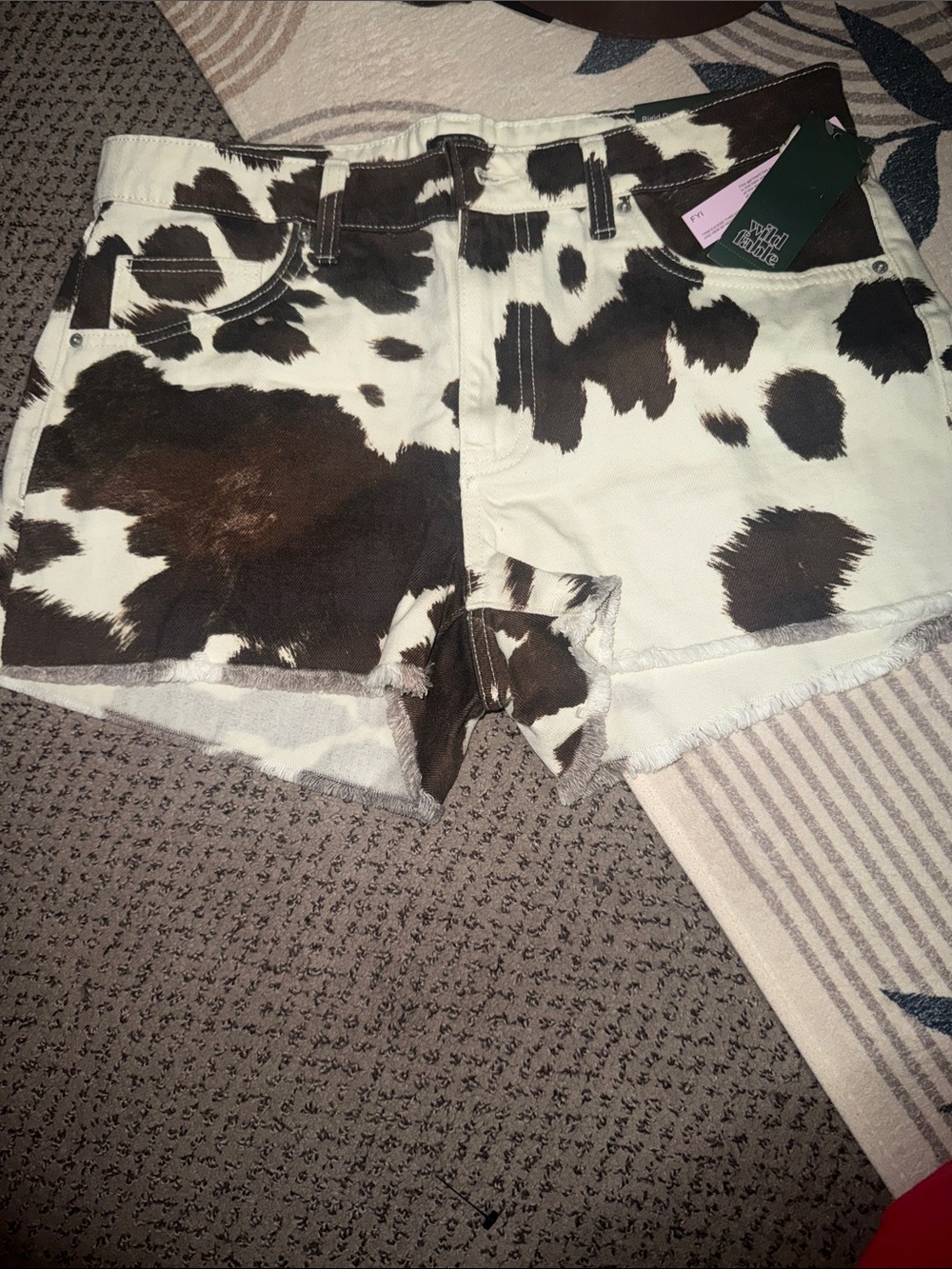 Cow Print Denim Women’s Shorts - Brown & White